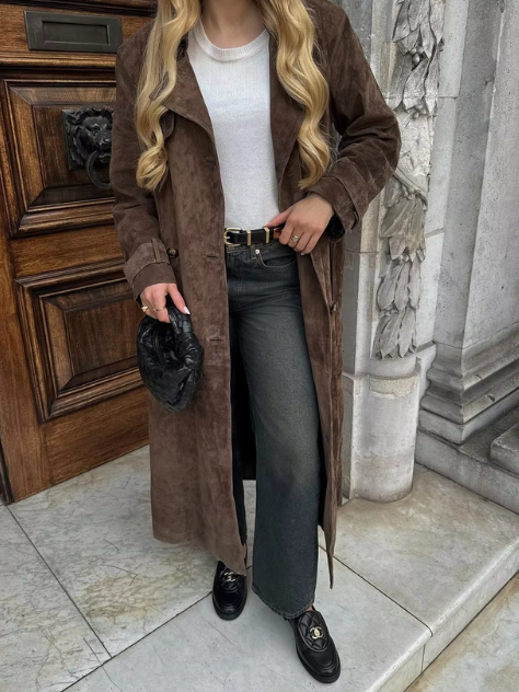 Long Belted Suede Coat