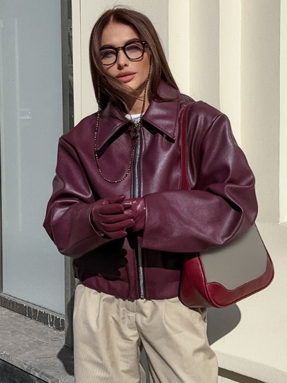 Blouson Zippé en Similicuir Bordeaux