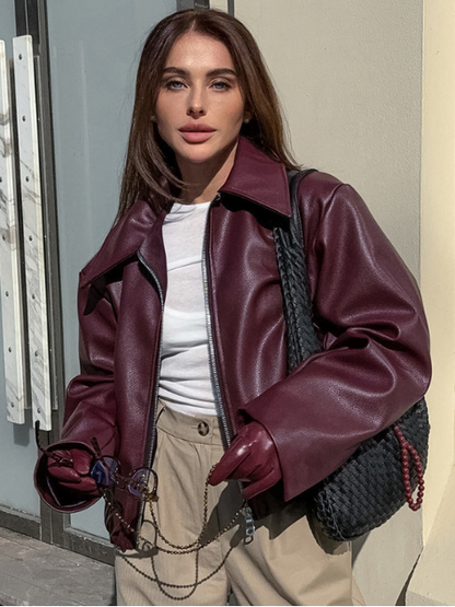 Burgundy Faux Leather Zip-Up Jacket