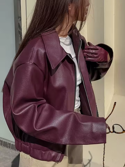 Blouson Zippé en Similicuir Bordeaux